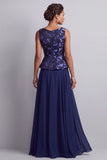 Navy A Line Floral Bateau Neck Long Mother of the Bride Dress