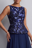 Navy A Line Floral Bateau Neck Long Mother of the Bride Dress