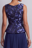 Navy A Line Floral Bateau Neck Long Mother of the Bride Dress