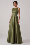Olive Satin Bateau Neck Beaded A Line Long Mother of the Bride Dress