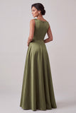 Olive Satin Bateau Neck Beaded A Line Long Mother of the Bride Dress