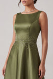 Olive Satin Bateau Neck Beaded A Line Long Mother of the Bride Dress