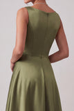 Olive Satin Bateau Neck Beaded A Line Long Mother of the Bride Dress