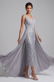 Light Grey Sheath V-Neck Sequin Mother of the Bride Dress with Chiffon Overlay