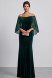 Dark Green Off the Shoulder Mermaid Velvet Formal Dress with Short Sleeves