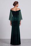 Dark Green Off the Shoulder Mermaid Velvet Formal Dress with Short Sleeves