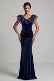Dark Blue Velvet Ruffle V-Neck Mermaid Formal Dress