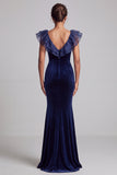 Dark Blue Velvet Ruffle V-Neck Mermaid Formal Dress
