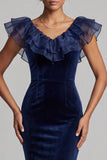 Dark Blue Velvet Ruffle V-Neck Mermaid Formal Dress