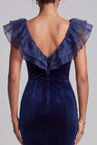 Dark Blue Velvet Ruffle V-Neck Mermaid Formal Dress