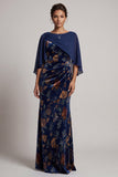 Floral Velvet Sheath Dark Blue Mother of the Bride Dress with Cape