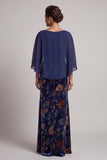 Floral Velvet Sheath Dark Blue Mother of the Bride Dress with Cape