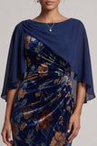 Floral Velvet Sheath Dark Blue Mother of the Bride Dress with Cape