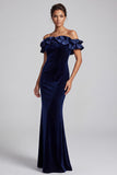 Navy Mermaid Ruffled Off the Shoulder Velvet Formal Dress