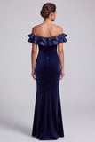 Navy Mermaid Ruffled Off the Shoulder Velvet Formal Dress