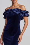 Navy Mermaid Ruffled Off the Shoulder Velvet Formal Dress