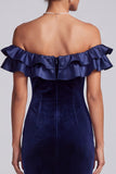 Navy Mermaid Ruffled Off the Shoulder Velvet Formal Dress