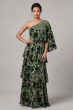 Dusty Sage Floral Burnout Tiered A Line One Shoulder Mother of the Bride Dress