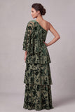 Dusty Sage Floral Burnout Tiered A Line One Shoulder Mother of the Bride Dress