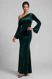 One Shoulder Dark Green Mermaid Long Sleeve Velvet Formal Dress