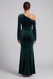 One Shoulder Dark Green Mermaid Long Sleeve Velvet Formal Dress