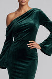 One Shoulder Dark Green Mermaid Long Sleeve Velvet Formal Dress