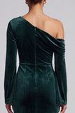 One Shoulder Dark Green Mermaid Long Sleeve Velvet Formal Dress