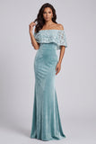 Light Blue Appliqued Mermaid Off the Shoulder Velvet Maxi Dress