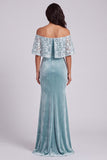 Light Blue Appliqued Mermaid Off the Shoulder Velvet Maxi Dress
