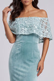 Light Blue Appliqued Mermaid Off the Shoulder Velvet Maxi Dress