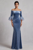 Off the Shoulder Dusty Blue Mermaid Velvet Mother of the Bride Dress with Rhinestones