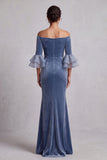 Off the Shoulder Dusty Blue Mermaid Velvet Mother of the Bride Dress with Rhinestones