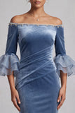 Off the Shoulder Dusty Blue Mermaid Velvet Mother of the Bride Dress with Rhinestones
