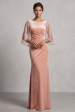 Mermaid Peach Ruched Velvet Mother of the Bride Dress with 3/4 Sleeves