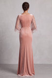 Mermaid Peach Ruched Velvet Mother of the Bride Dress with 3/4 Sleeves