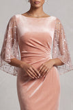 Mermaid Peach Ruched Velvet Mother of the Bride Dress with 3/4 Sleeves