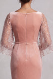 Mermaid Peach Ruched Velvet Mother of the Bride Dress with 3/4 Sleeves