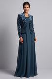 Peacock Blue 2 Piece A Line Long Mother of the Bride Dress with Velvet Jacket