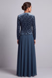 Peacock Blue 2 Piece A Line Long Mother of the Bride Dress with Velvet Jacket