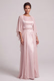 Blush Bateau Neck Satin A Line Long Mother of the Bride Dress with Cape Sleeves