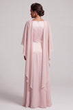 Blush Bateau Neck Satin A Line Long Mother of the Bride Dress with Cape Sleeves