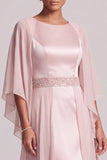 Blush Bateau Neck Satin A Line Long Mother of the Bride Dress with Cape Sleeves