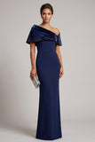 Dark Blue Mermaid Asymmetrical Neck Long Formal Dress with Rhinestones