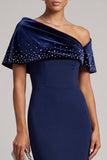 Dark Blue Mermaid Asymmetrical Neck Long Formal Dress with Rhinestones