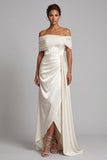 Ivory Sheath Beaded Off the Shoulder Formal Dress with Drape
