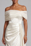 Ivory Sheath Beaded Off the Shoulder Formal Dress with Drape