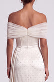 Ivory Sheath Beaded Off the Shoulder Formal Dress with Drape