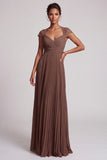 Coffee Pleated A Line Maxi Dress with Lace Cap Sleeves