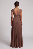 Coffee Pleated A Line Maxi Dress with Lace Cap Sleeves