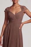 Coffee Pleated A Line Maxi Dress with Lace Cap Sleeves